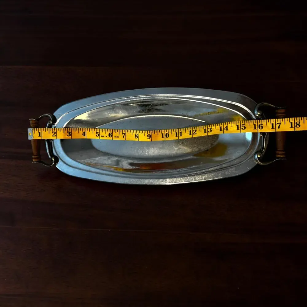 Vintage Oval Metal Serving Tray with Wood Handles | Silver Tone Vanity Tray